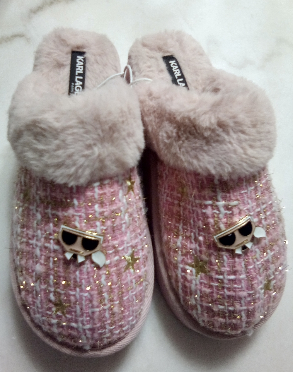 Karl Lagerfeld Pink Ladies Fuzzy Slippers w/ Cartoon Karl Decals